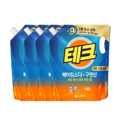 [타임특가] 테크 베이킹소다+구연산 액체세제 일반드럼 겸용 리필 1.8L*4개