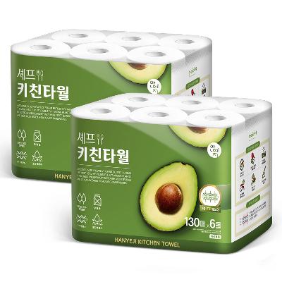 한예지 천연펄프 셰프키친타올 130매 6롤 (2팩)