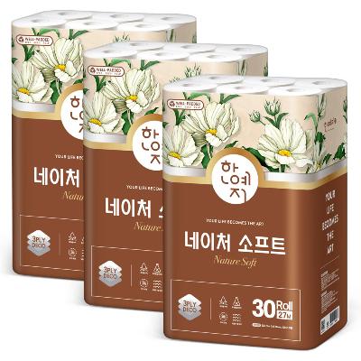 한예지 네이처 소프트 3겹 무형광화장지 27M 30롤 (3팩)