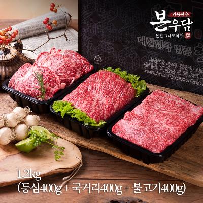 [안동한우 본우담] 1+등급이상 한우 구이정육 실속세트 2호 1.2kg (등심400g + 국거리400g + 불고기400g)